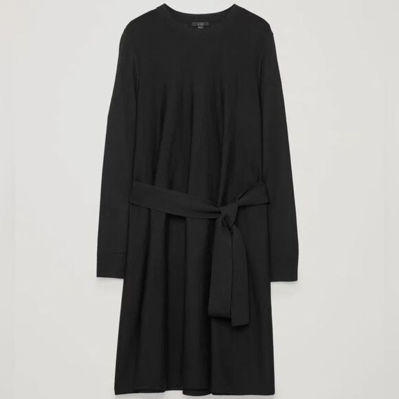 COS Minimalist A-Line Black 💯 Merino-Wool Knit Dress M Long Sleeves - Picture 3 of 15